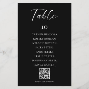 Carte de siège Mariage noir QR Code Menu