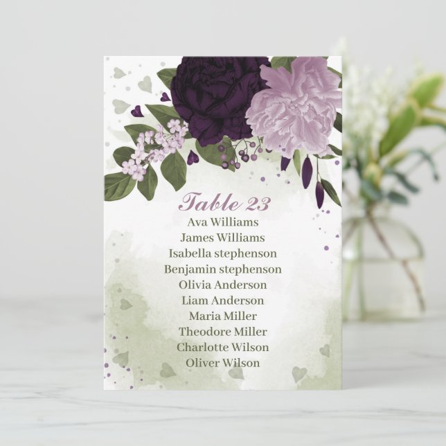 Carte de siège vert aux fleurs violettes foncées (Debout devant)