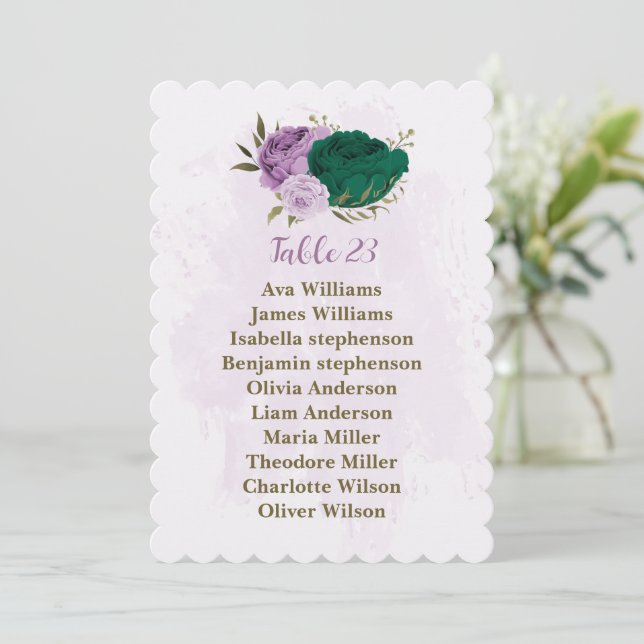 carte de sièges fleurs violettes vert émeraude (Debout devant)