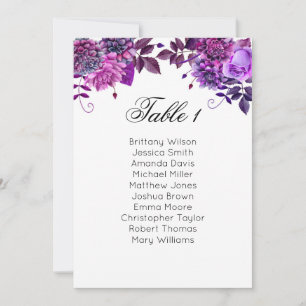 Carte de sièges violet. Plan de table mariage flor