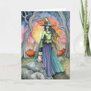 Carte de sorcière de Halloween avec chat et citrou