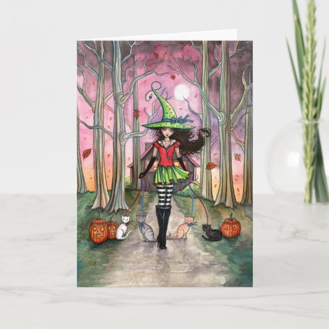 Carte de sorcière d'Halloween promenant les chats (Devant)