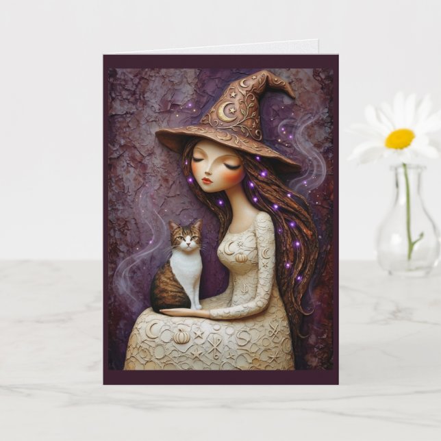 Carte de sorcière fantaisiste et chat d'Halloween  (Petite plante)