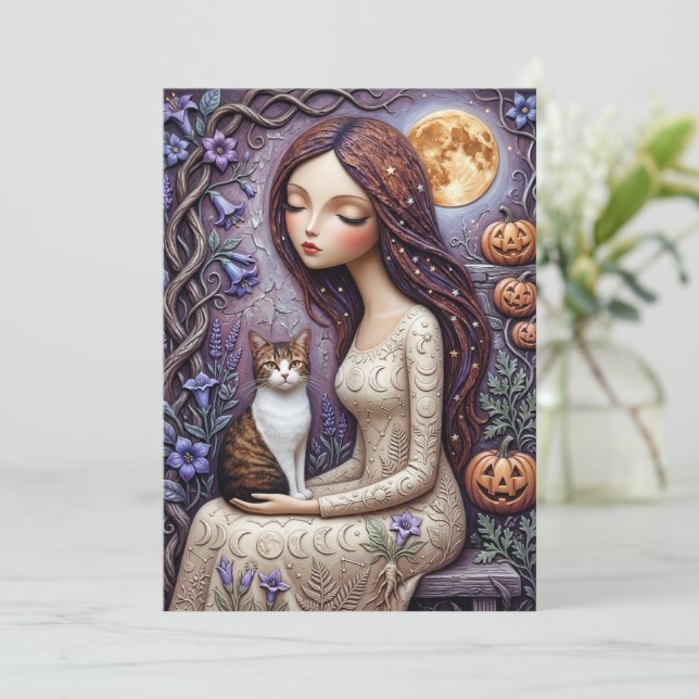 Carte de sorcière féline fantaisiste Halloween Lun (Debout devant)