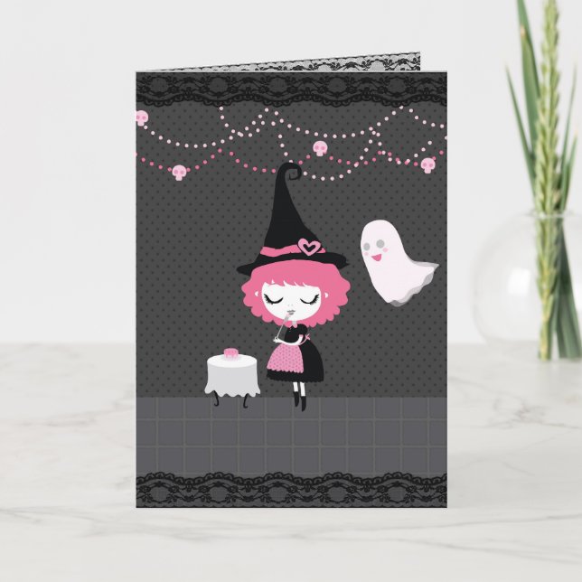Carte de sorcière rose pour Halloween (ou annivers (Devant)