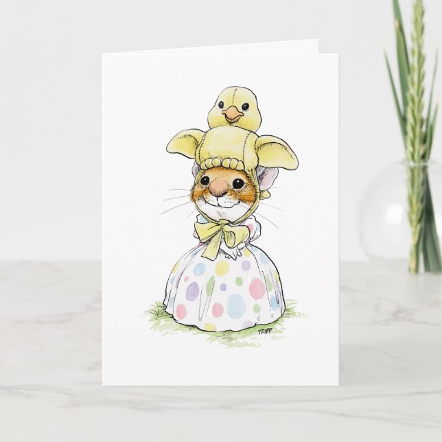 Carte de souris de Pâques avec chapeau de poulet (Devant)