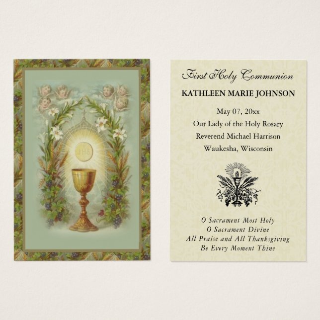 Carte de souvenir catholique de première communion (Devant & derrière)