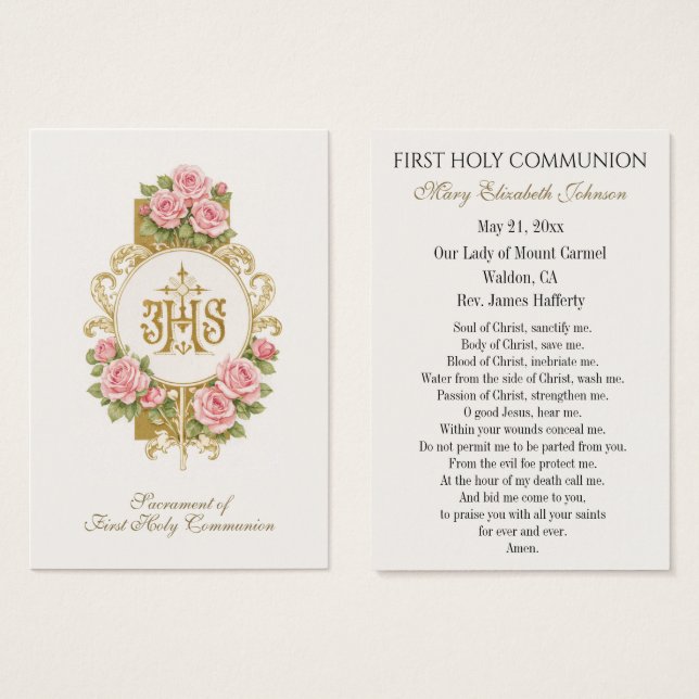 Carte de souvenir catholique de première communion (Devant & derrière)