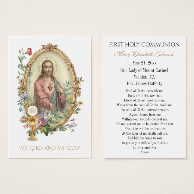 Carte de souvenir de communion catholique pour gar (Devant & derrière)