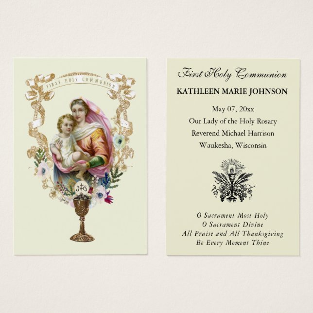 Carte de souvenir de première communion catholique (Devant & derrière)