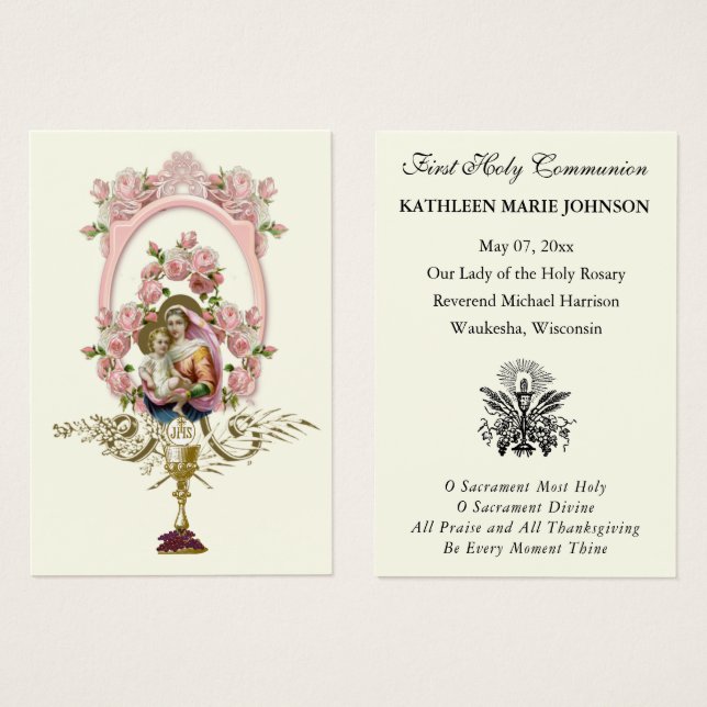 Carte de souvenir de première communion catholique (Devant & derrière)