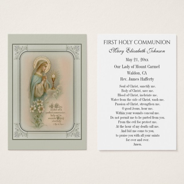 Carte de souvenir de première communion catholique (Devant & derrière)