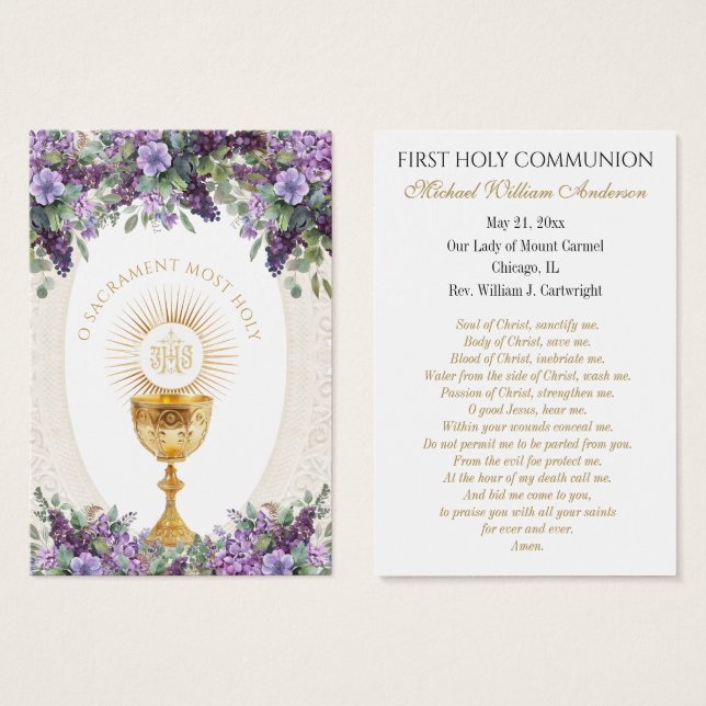 Carte de souvenir de première communion catholique (Devant & derrière)