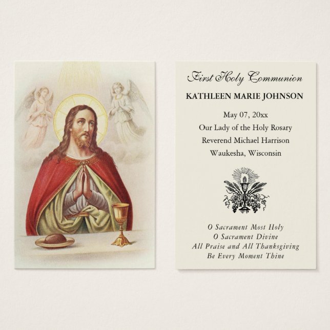 Carte de souvenir de première communion catholique (Devant & derrière)