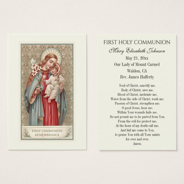 Carte de souvenir de première communion catholique (Devant & derrière)