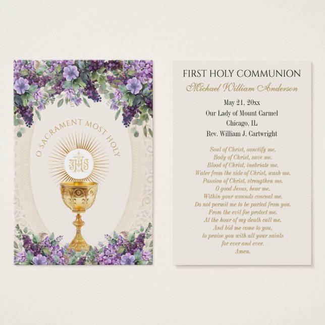 Carte de souvenir de première communion catholique (Devant & derrière)