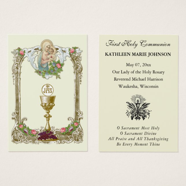 Carte de souvenir de première communion catholique (Devant & derrière)