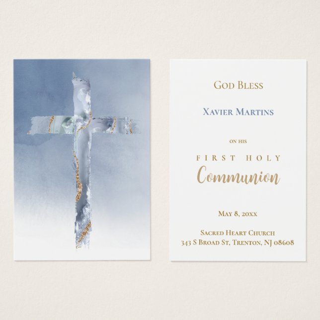 carte de souvenir de première communion croix bleu (Devant & derrière)