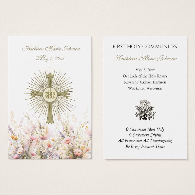 Carte de souvenir de première communion florale (Devant & derrière)