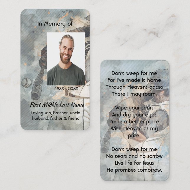 Carte de souvenir mémorial chrétien Baseball Sport (Devant / Derrière)