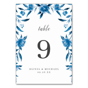Carte de table à mariage floral bleu et blanc