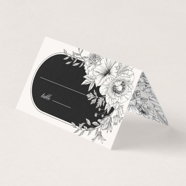 carte de table à mariage floral noir et blanc (Front)