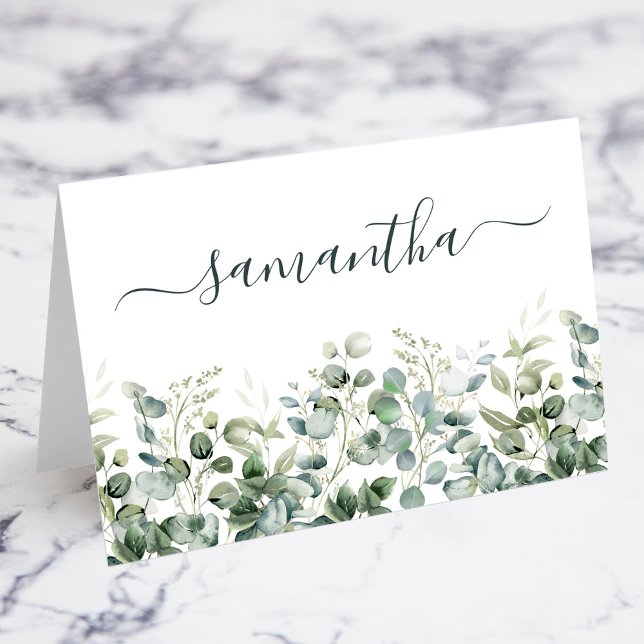 Carte de table à motif de verdure d'eucalyptus aqu (Watercolor Eucalyptus Greenery Individual Place Card)