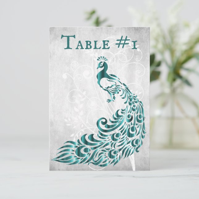 Carte de table à vigne et feuille de paon sarcelle (Debout devant)