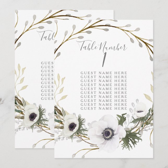 Carte de table Anémone Fougère Couronne de mariage (Devant / Derrière)