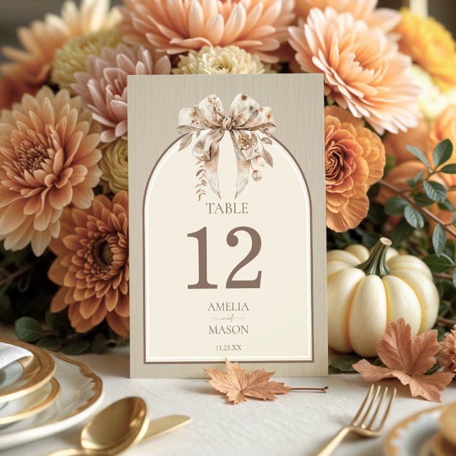 Carte de table Boho Watercolor Bow Mariage (Fall Wedding table number boho bow)