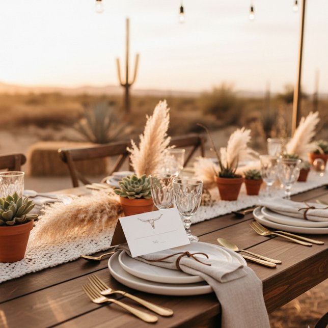 Carte de table de mariage crâne de vache boho dése (Desert Boho Cow Skull Wedding Seating Table Card)