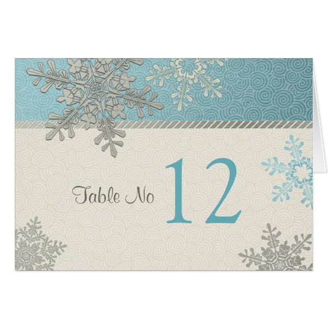 Carte de table de mariage d'hiver Silver Blue Snow (Devant horizontal)