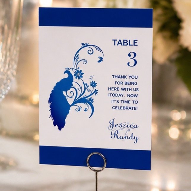 Carte de table de mariage élégante au paon bleu (Créateur téléchargé)