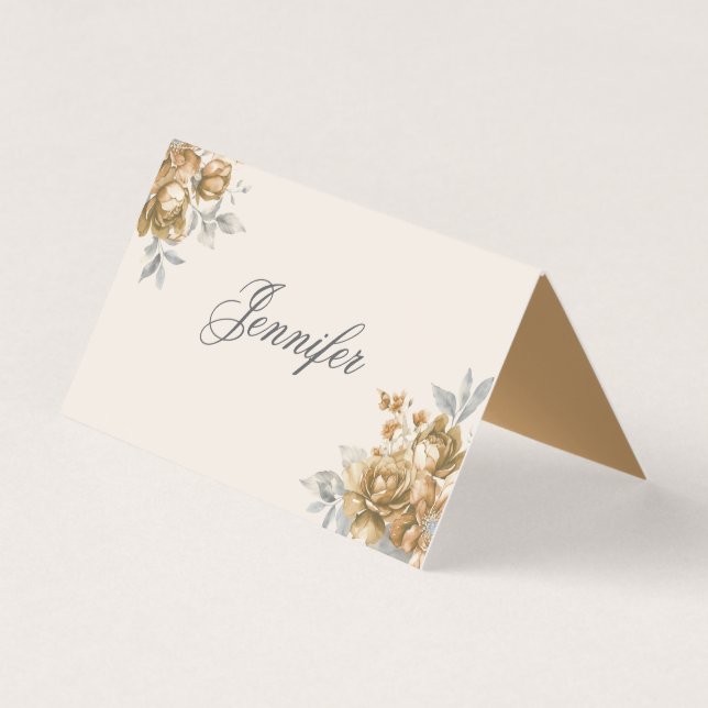 Carte de Table de Mariage Élégante Fleurs Or avec  (Front)