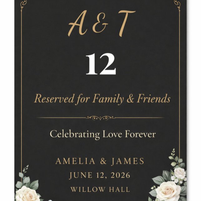 Carte de table de mariage élégante noir et or (Black and gold floral wedding table card with elegant typography and timeless romantic charm)