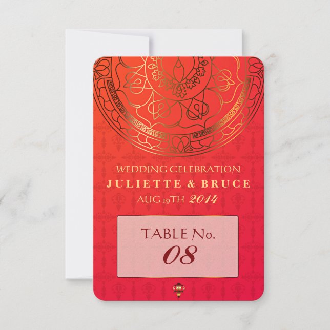 Carte de table de mariage en damas orange (Devant)