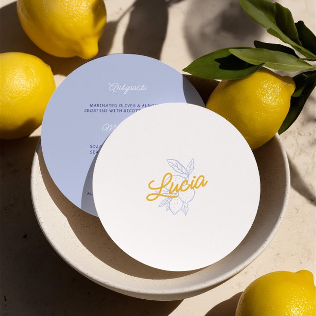 Carte de Table de Mariage et Menu Rond au Citron I (Italian Lemon Round Wedding Place Card & Menu)