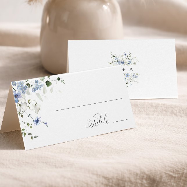 Carte de table de mariage florale Bleu Blanc Vert  (Front & Back)