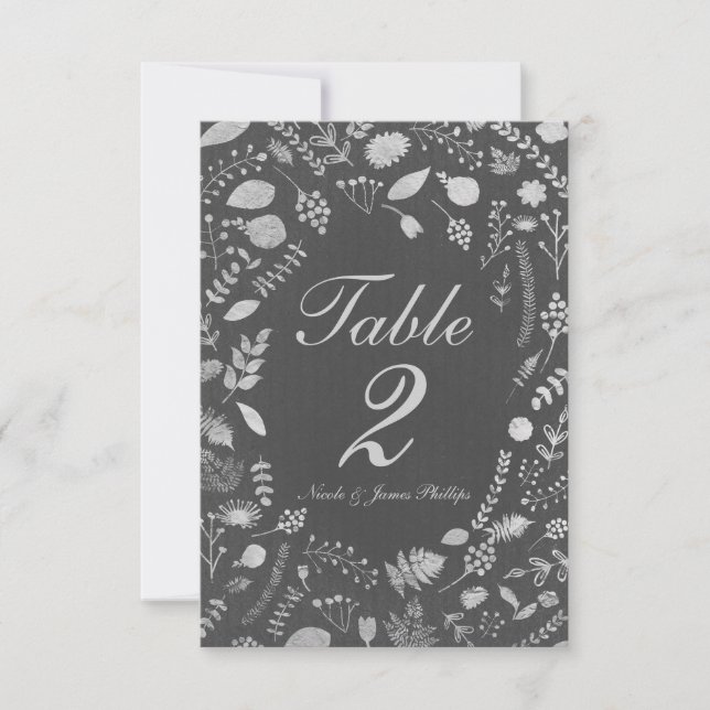 Carte de table de mariage florale grise et argenté (Devant)