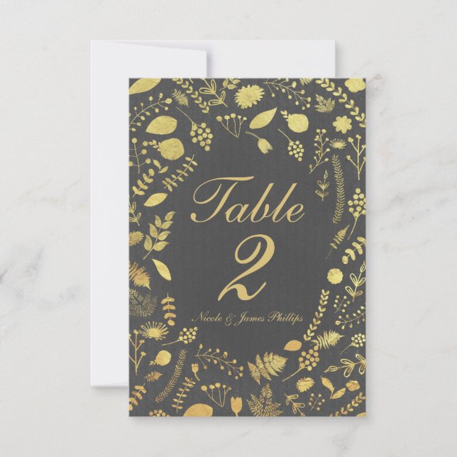 Carte de table de mariage florale grise et or (Devant)