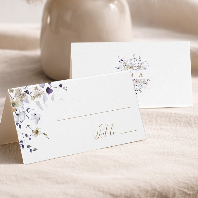Carte de table de mariage florale or blanc violet  (Front & Back)