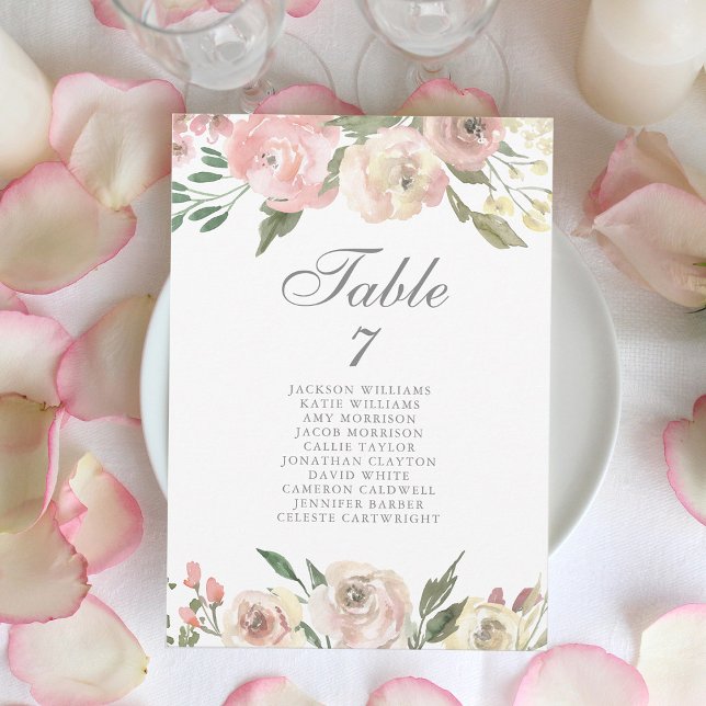 Carte de table de mariage florale rose pâle élégan (Créateur téléchargé)