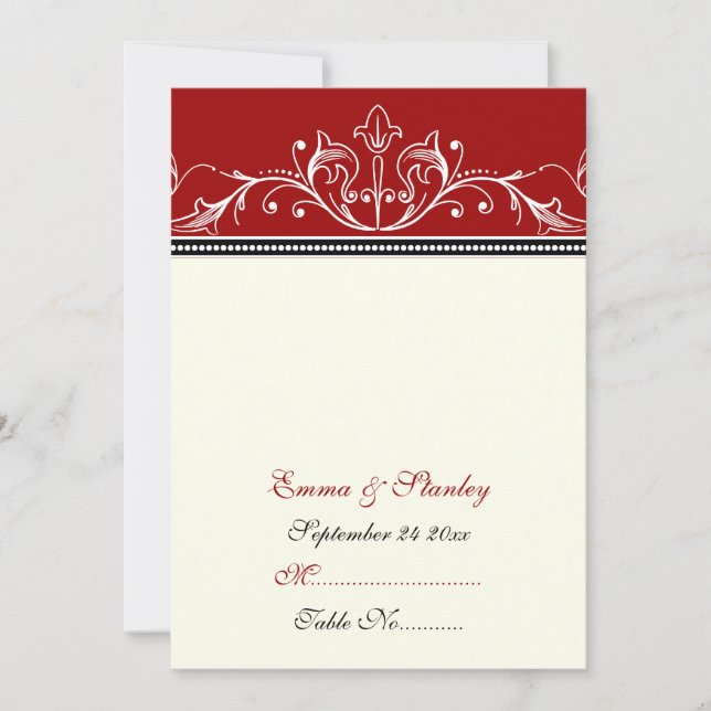 Carte de table de mariage ornée rouge et blanche (Devant)