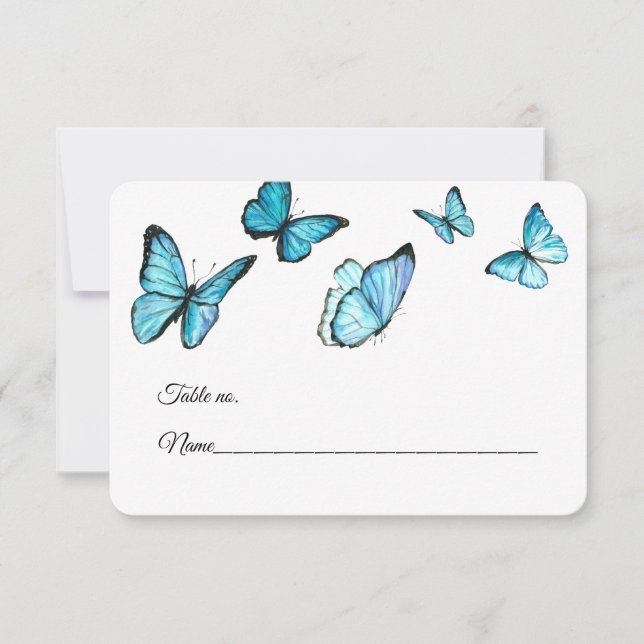 Carte de table de mariage papillon aquarelle bleue (Devant)