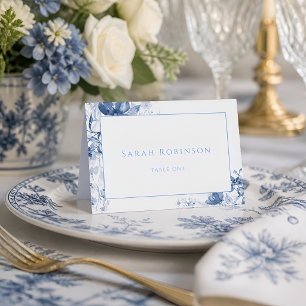 Carte de table de mariage pliée florale toile bleu