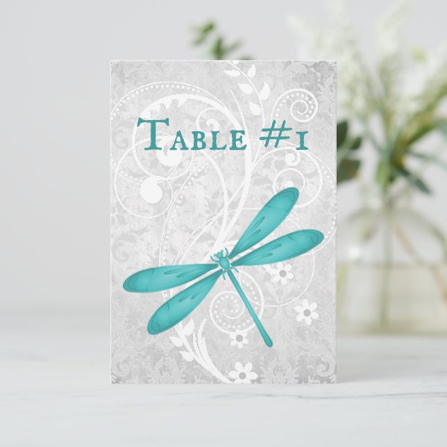 Carte de table de mariage pour libellules turquois (Debout devant)