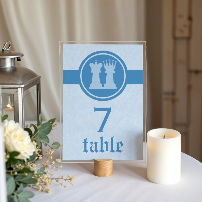 Carte de table de mariage Roi et Reine d'échecs, B (Blue Chess King and Queen Wedding Table Card)