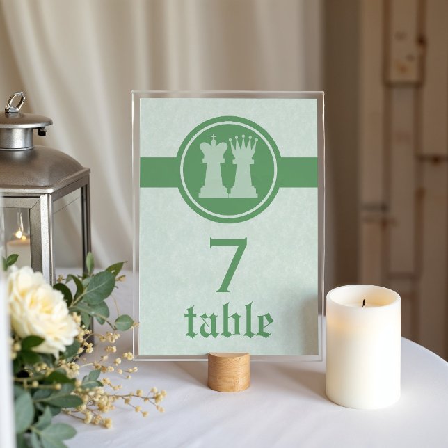 Carte de table de mariage Roi et Reine d'échecs, v (Green Chess King and Queen Wedding Table Card)