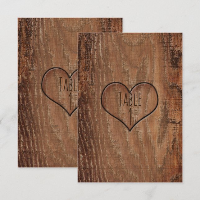 Carte de table de mariage rustique cœur sculpté ar (Devant / Derrière)