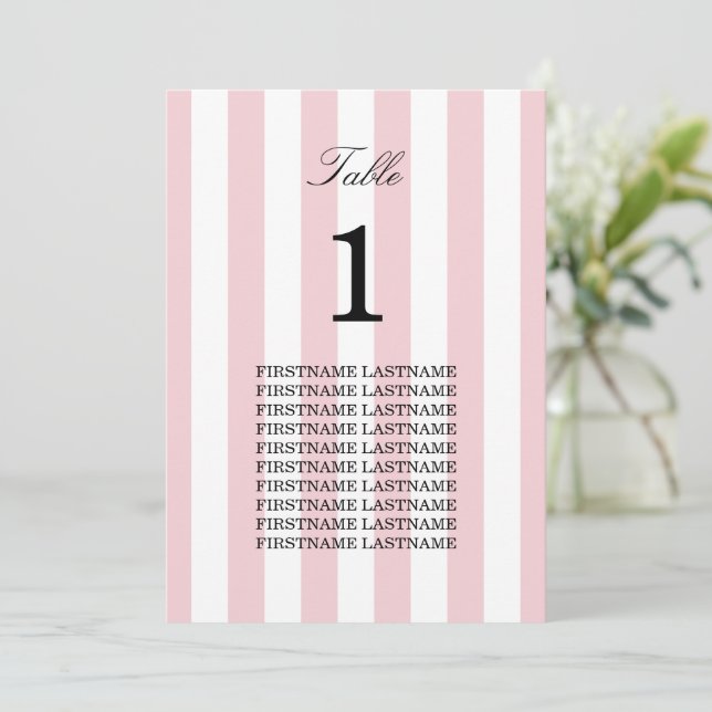 Carte de table de noms d'invités rayures rose past (Debout devant)